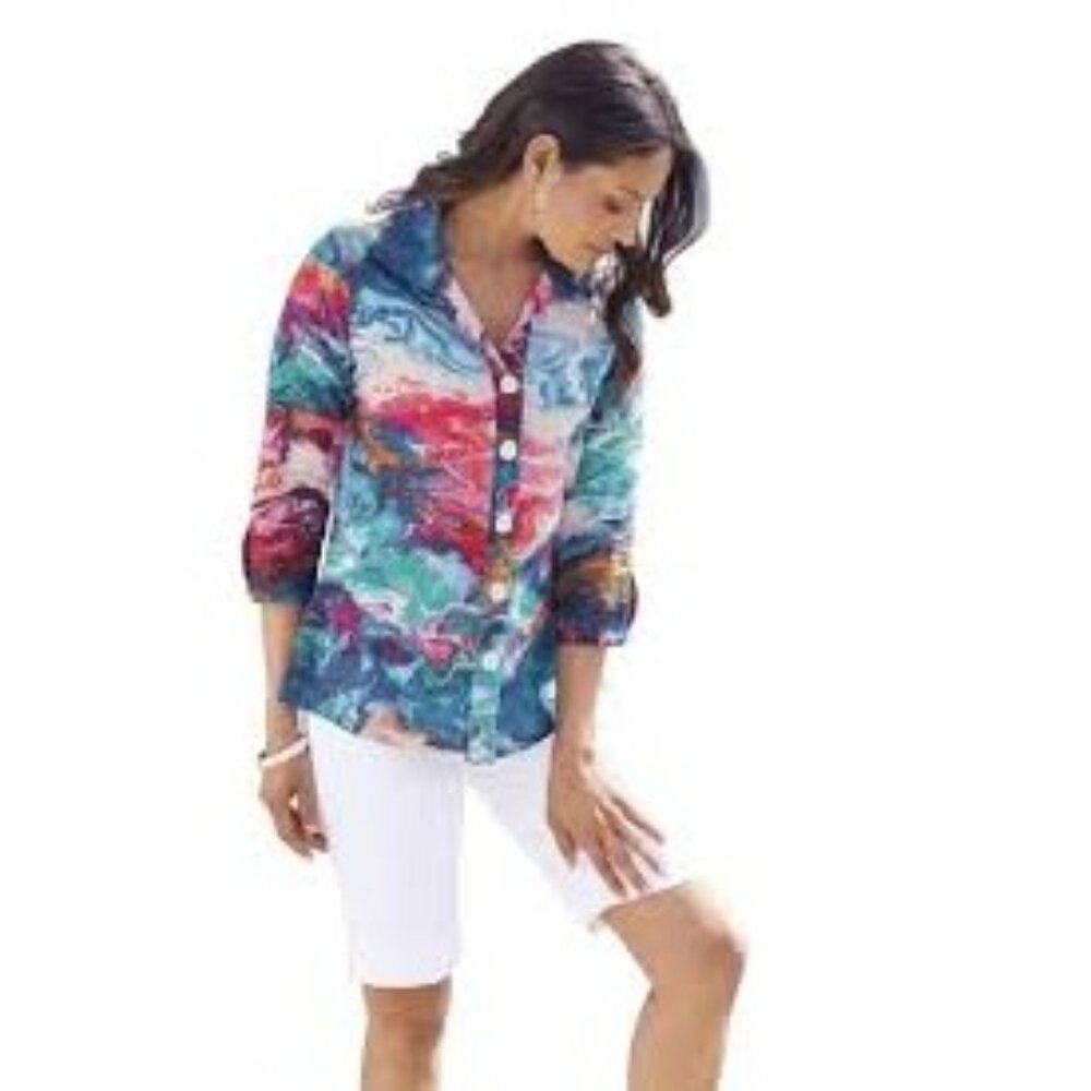 Parsley & Sage Women's Size M Teal 1/2 Sleeve Button Down Shirt Beach Colorful
